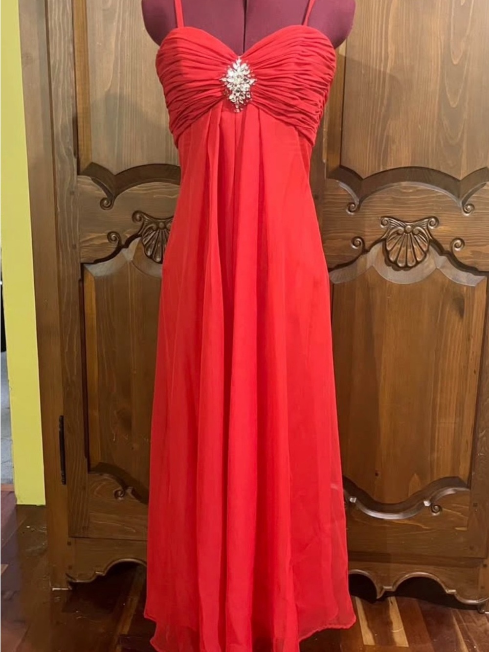 DaVinci Red Ruched Sweetheart Maxi Dress with Rhinestone Accent